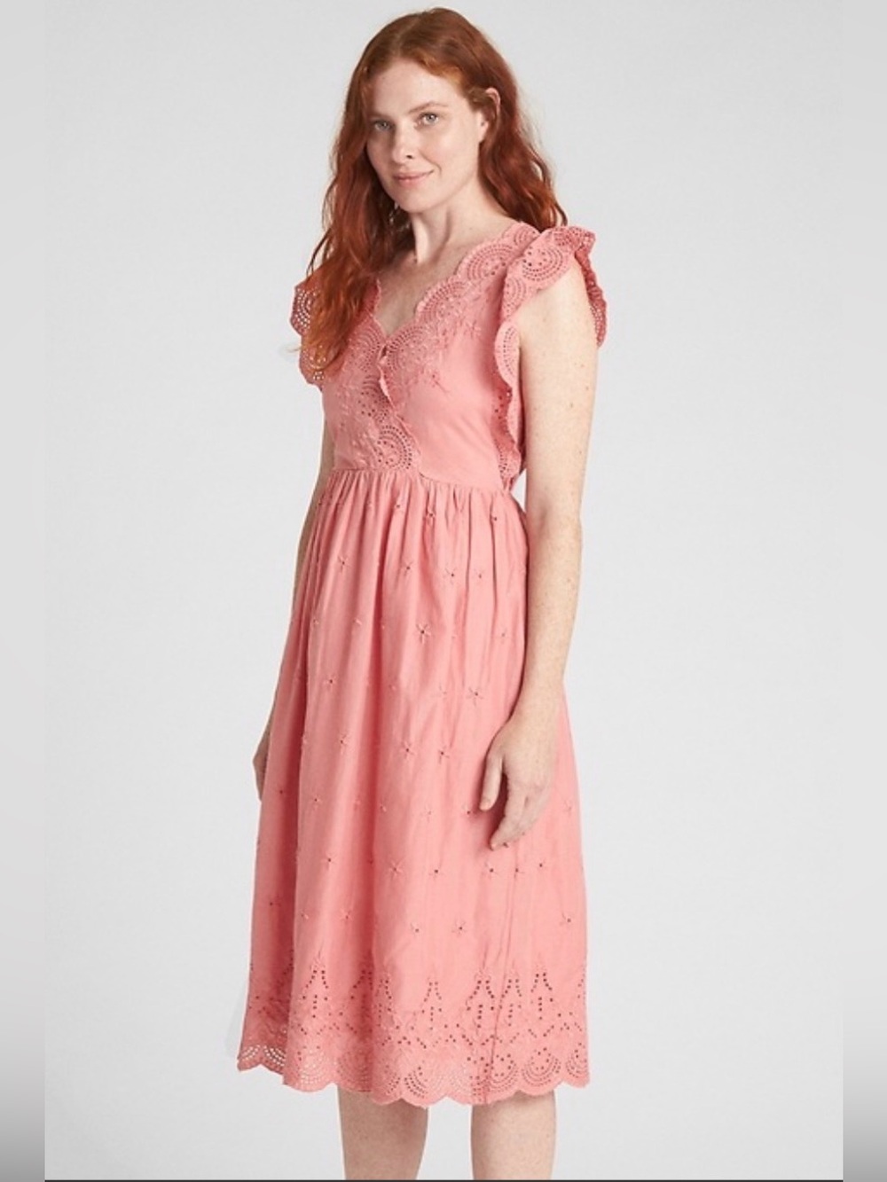 Gap pink midi eyelet embroidered flutter feminine cottagecore boho dress size L